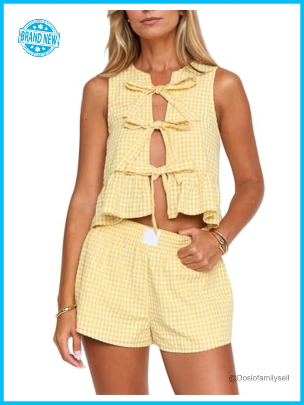 Gingham Two Piece Set Tie Front Tank Top & Wide Leg Shorts Pajama